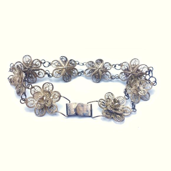 Vintage Mexican Silver Filigree Chrysanthemum Link Bracelet—1940-60s—EUC - Picture 3 of 8